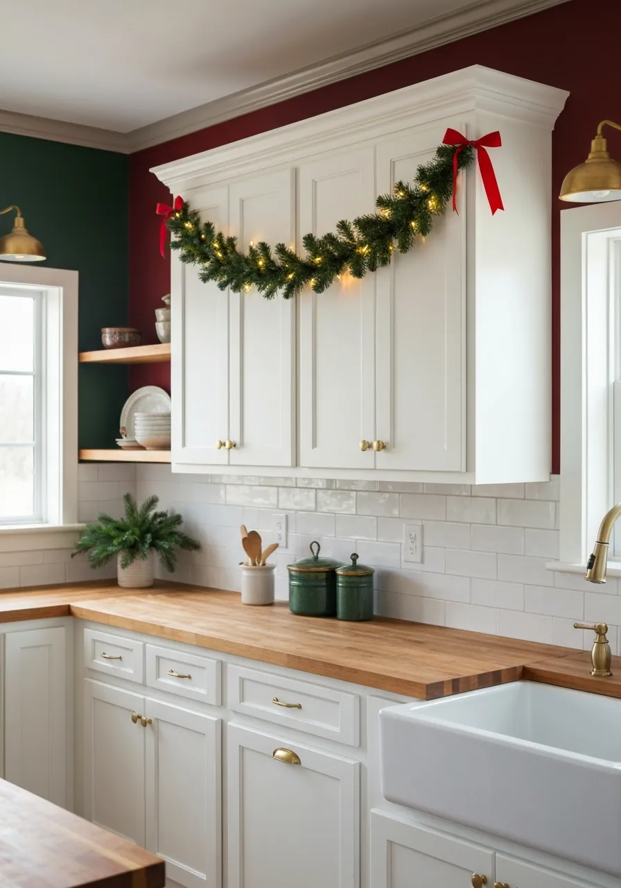 kitchen christmas decor ideas, garland draped below upper kitchen cabinets with fairy lights