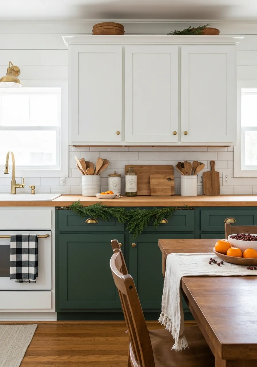 kitchen christmas decor ideas, farmhouse kitchen with natural cedar garland buffalo plaid towels and clove oranges