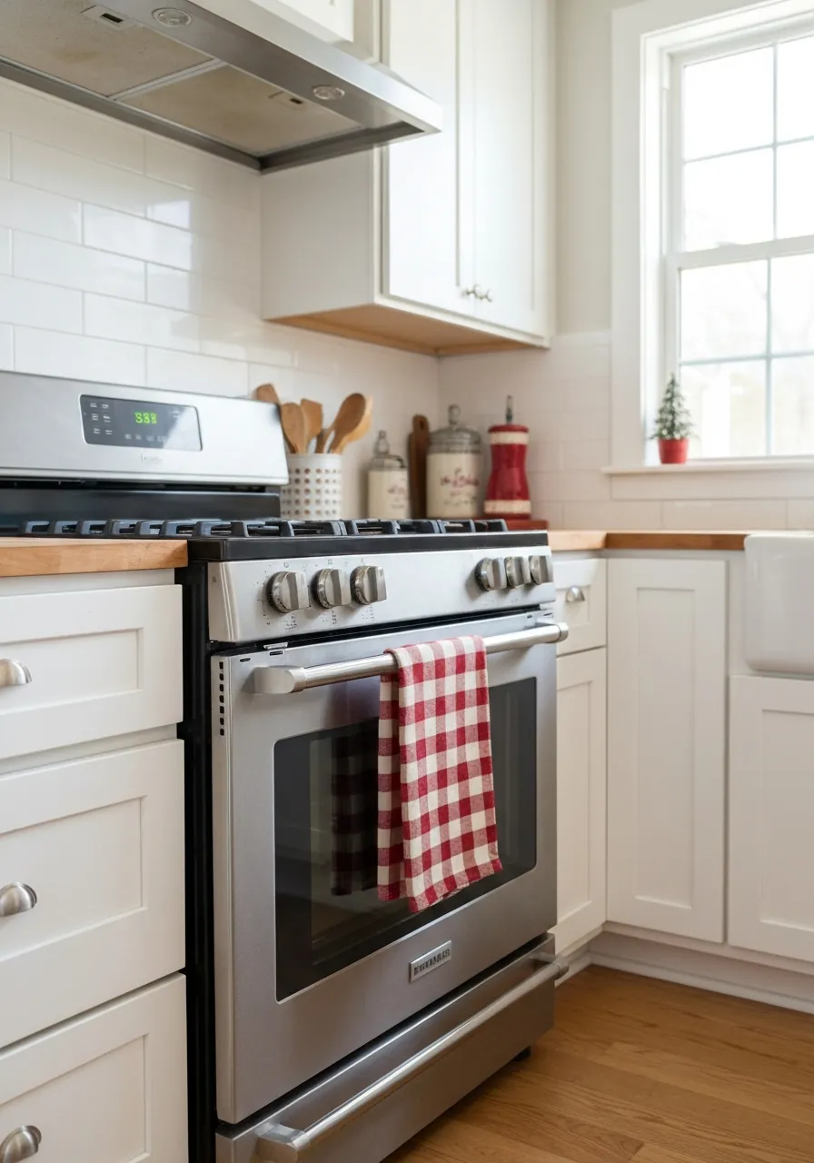 kitchen christmas decor ideas, holiday kitchen towels on oven handle and a christmas apron on hook