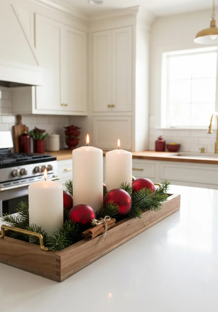 kitchen christmas decor ideas, low kitchen island centerpiece with candles ornaments and pine sprigs in wooden tray