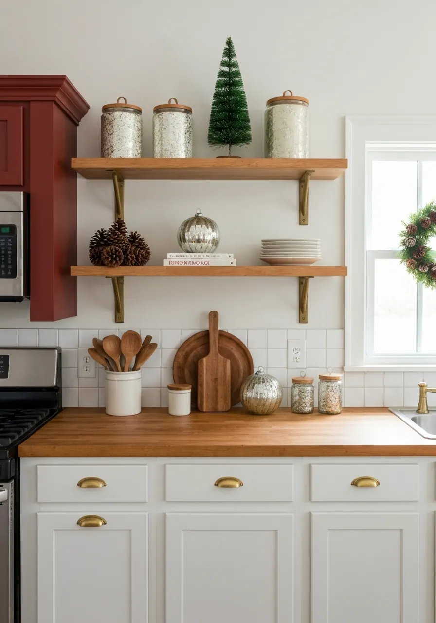 kitchen christmas decor ideas, open kitchen shelves with seasonal objects mixed among everyday items