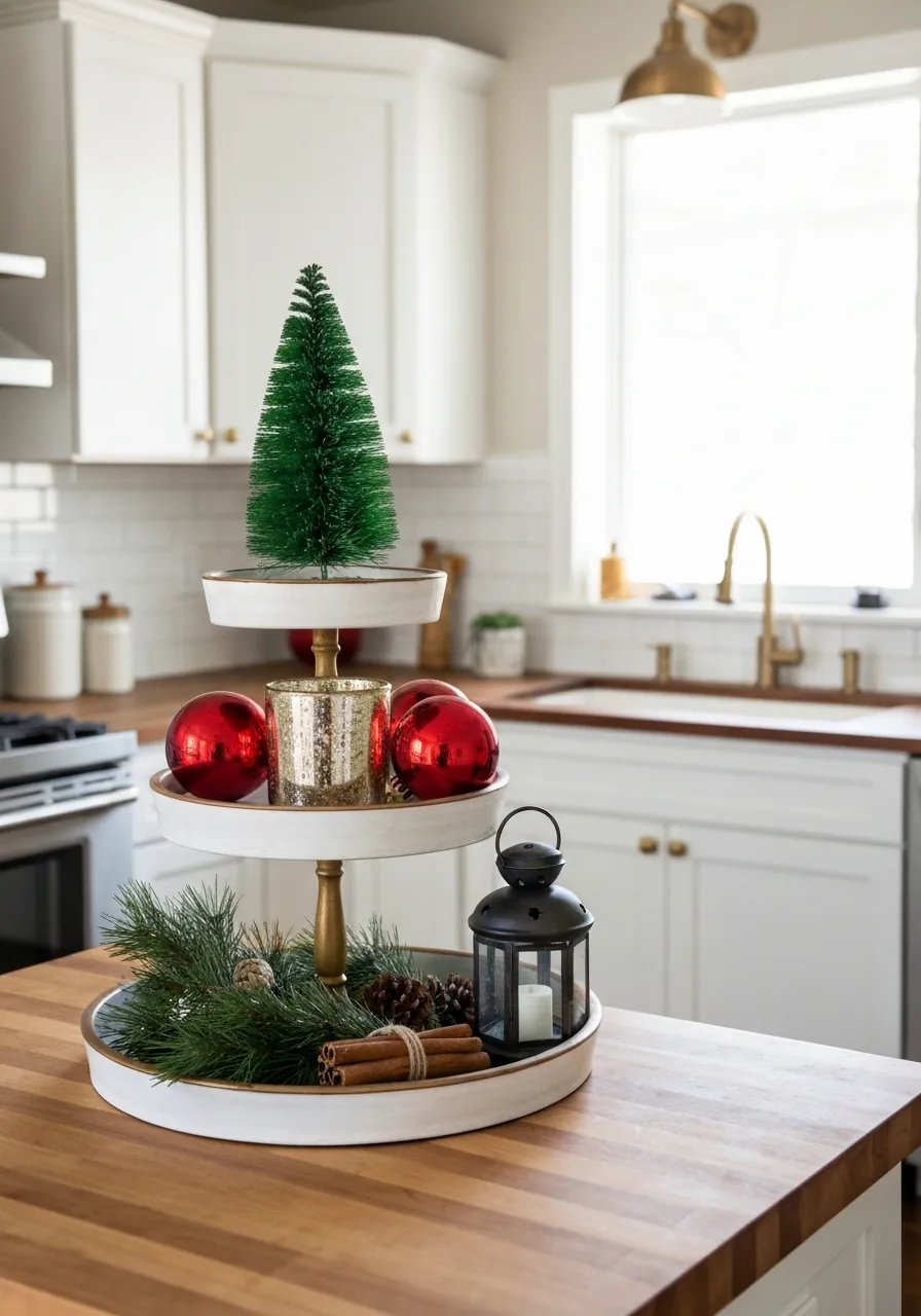 kitchen christmas decor ideas, tiered tray on counter styled with bottle brush tree ornaments and votives