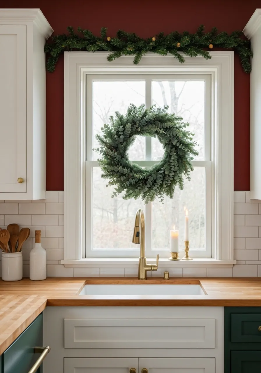 kitchen christmas decor ideas, wreath on kitchen window with garland across top and taper candle on sill