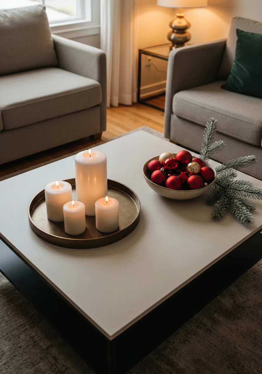 living room christmas decor ideas, coffee table styled with candle tray ornament bowl and pine branch