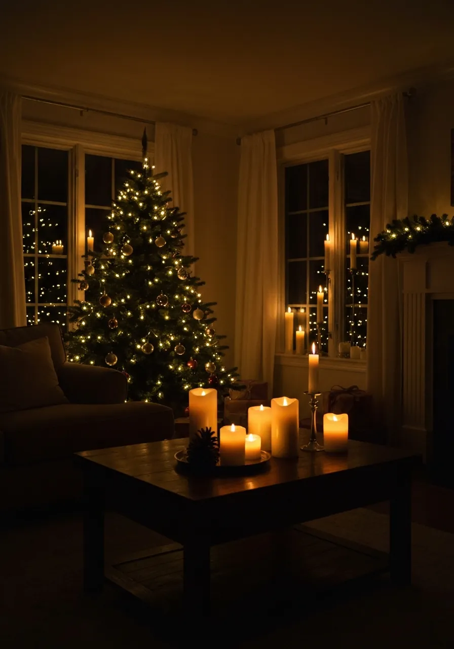 living room christmas decor ideas, living room at evening with tree lights candles and window candles creating layered glow