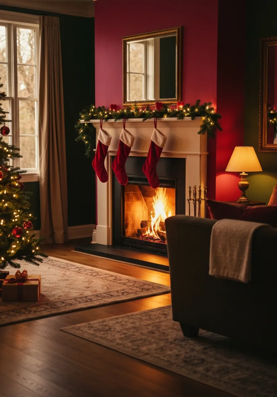 living room christmas decor ideas, lit fireplace with Christmas stockings on mantel and Christmas tree visible
