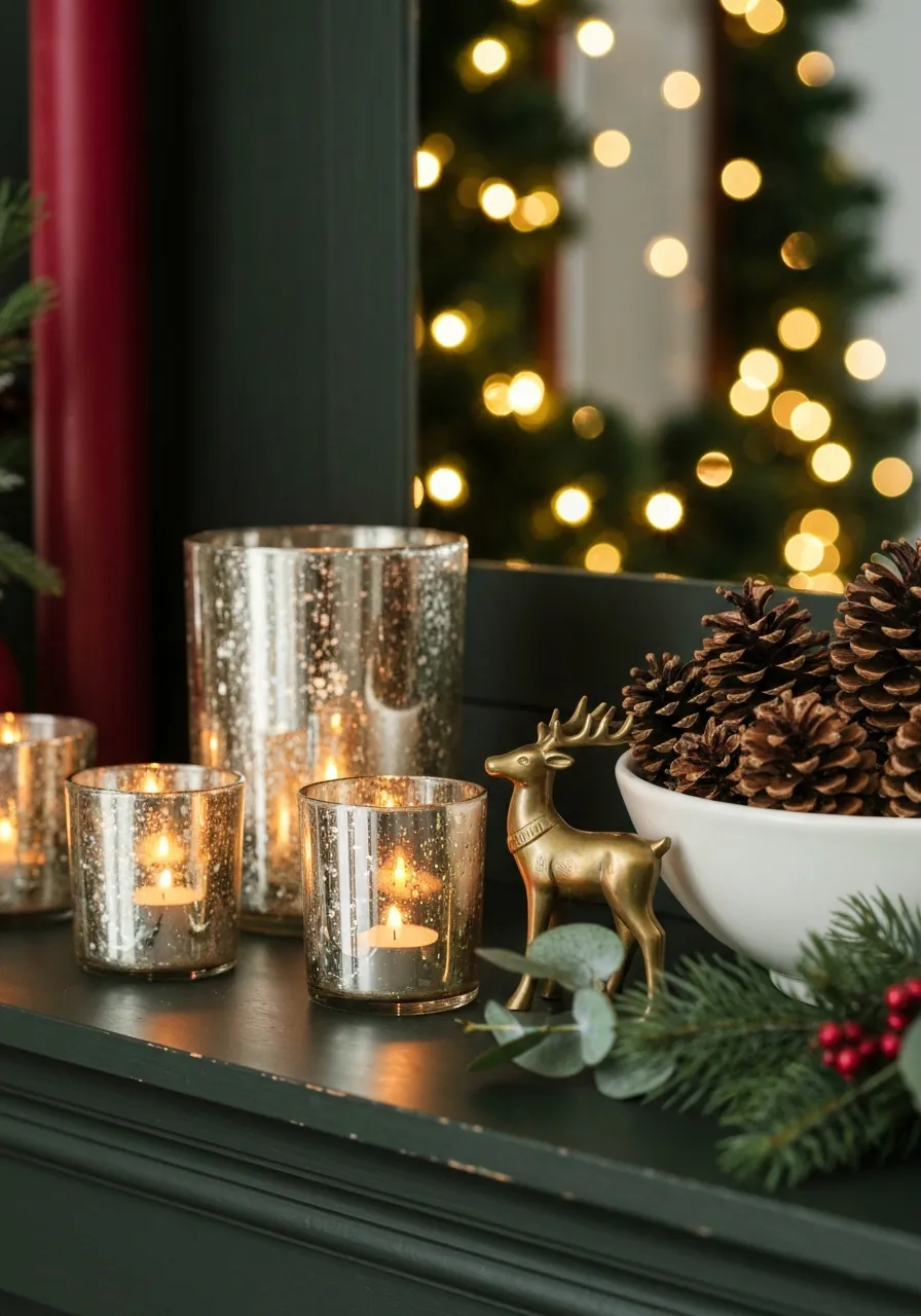 living room christmas decor ideas, close up of Christmas mantel vignette with mercury glass votives and brass reindeer