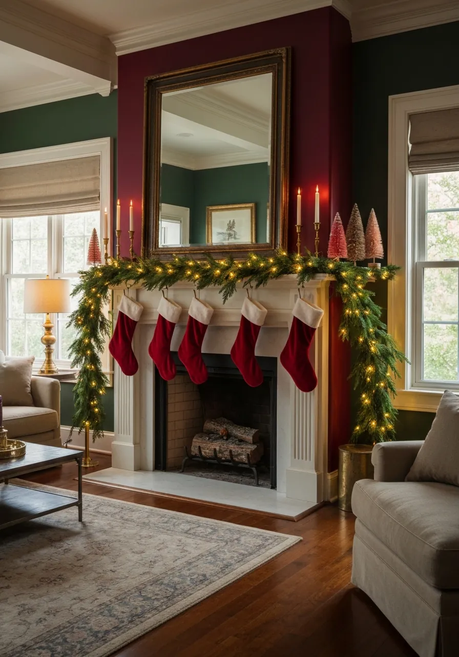 living room christmas decor ideas, Christmas mantel with garland stockings candles and mirror focal point