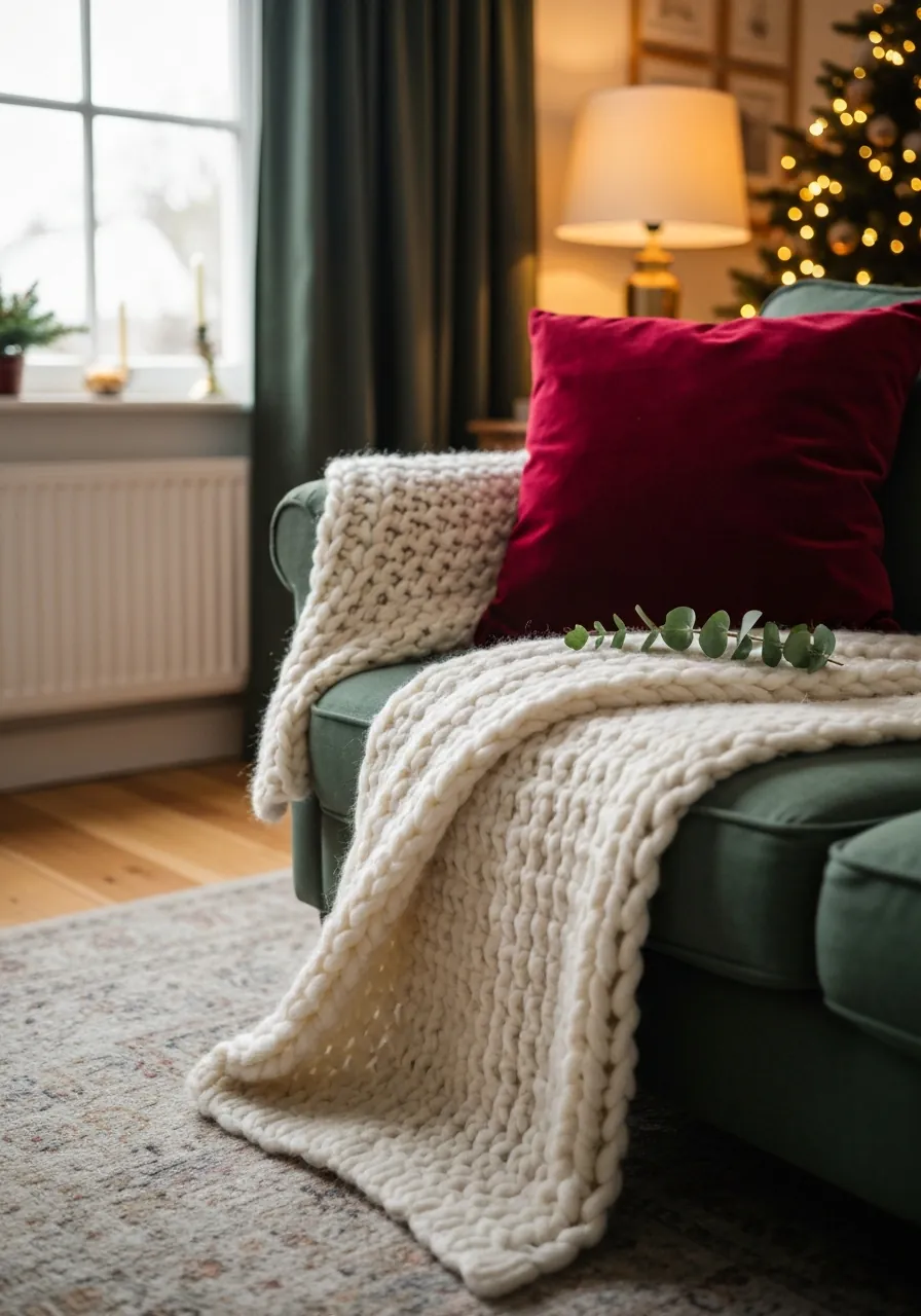 living room christmas decor ideas, sofa styled with chunky knit throw velvet pillow and eucalyptus sprig