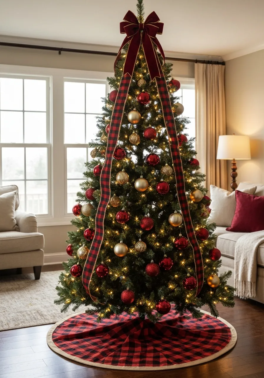 living room christmas decor ideas, fully decorated living room Christmas tree with ribbon and ornament clusters