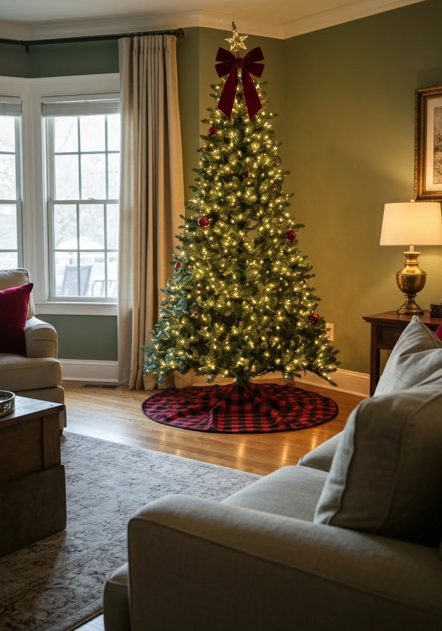 living room christmas decor ideas, Christmas tree placed in corner with sofa visible in foreground