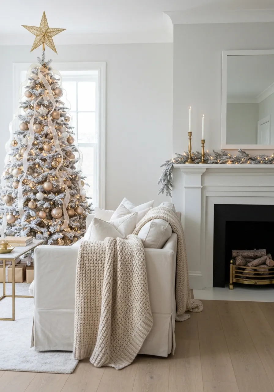 living room christmas decor ideas, white and gold Christmas living room with flocked tree and ivory textiles