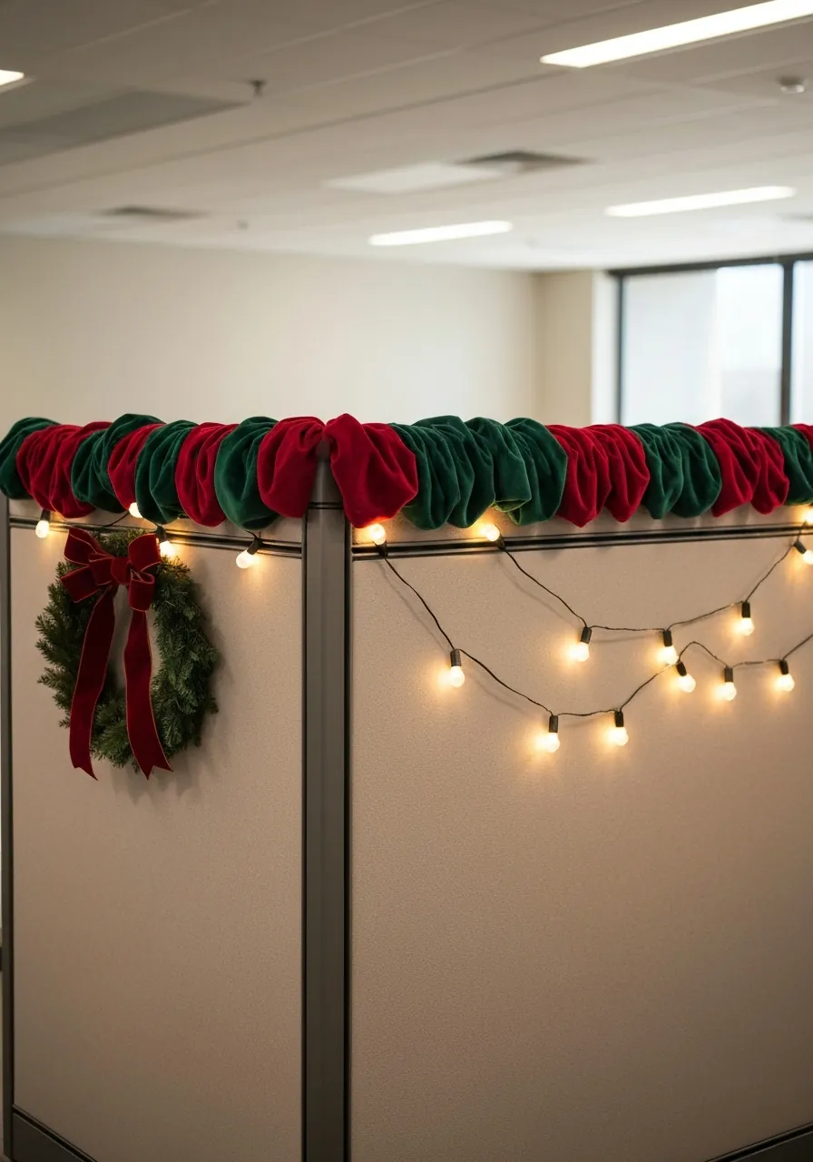 office christmas decoration ideas, cubicle entry with fabric garland and warm LED lights