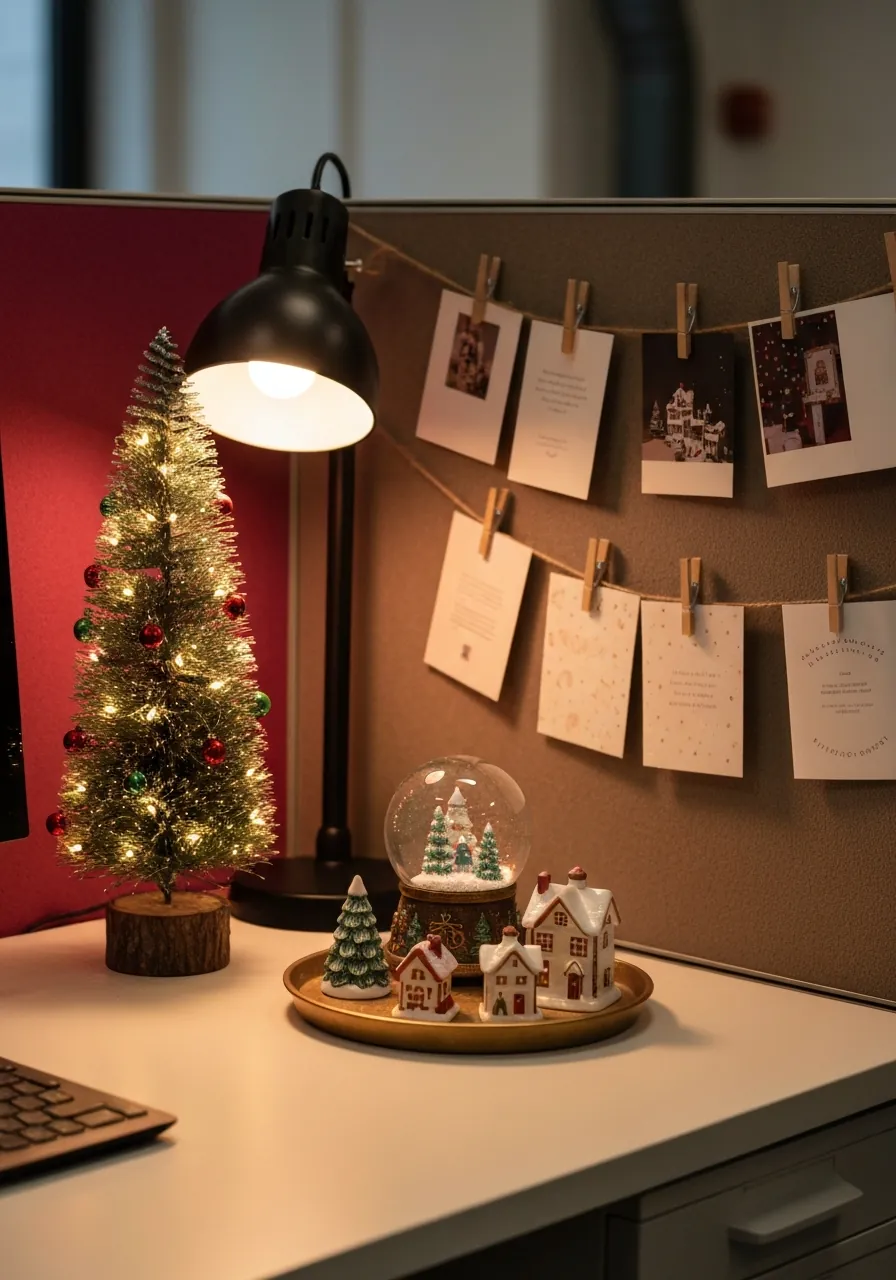office christmas decoration ideas, mini Christmas tree and snow globe on office desk
