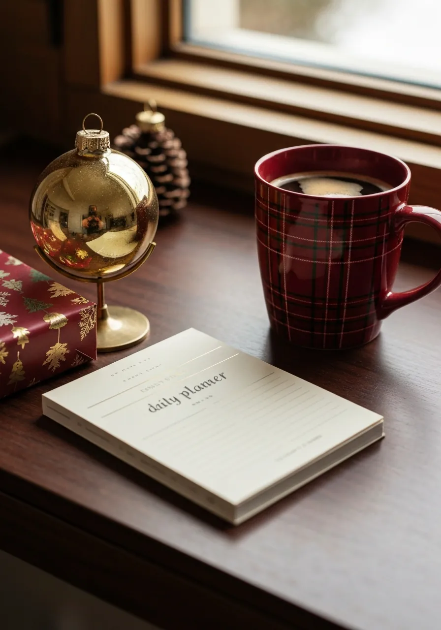 office christmas decoration ideas, holiday mug ornament display and festive wrapped notebook on desk