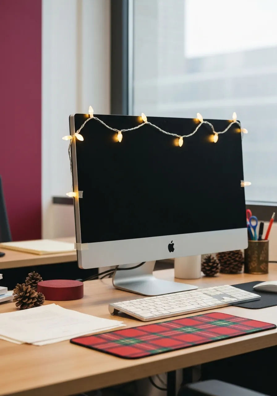 office christmas decoration ideas, monitor framed with warm white Christmas lights and holiday mousepad