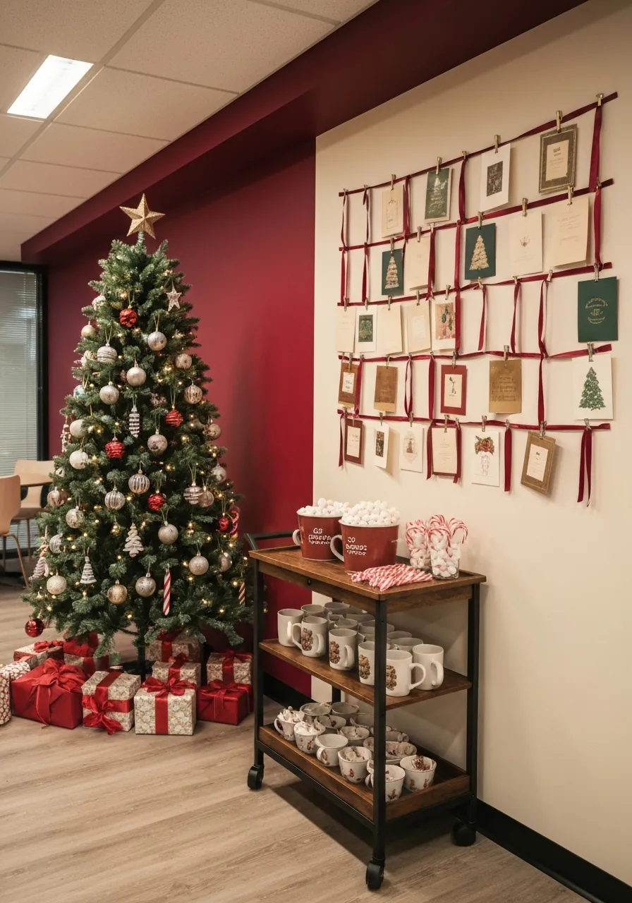 office christmas decoration ideas, break room team Christmas tree and holiday hot cocoa station