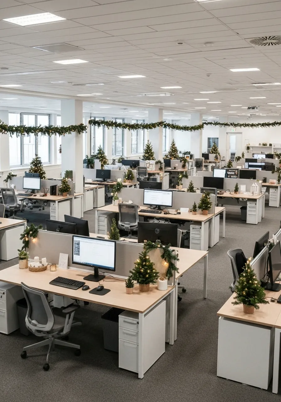 office christmas decoration ideas, full office floor with cohesive gold and white Christmas color story