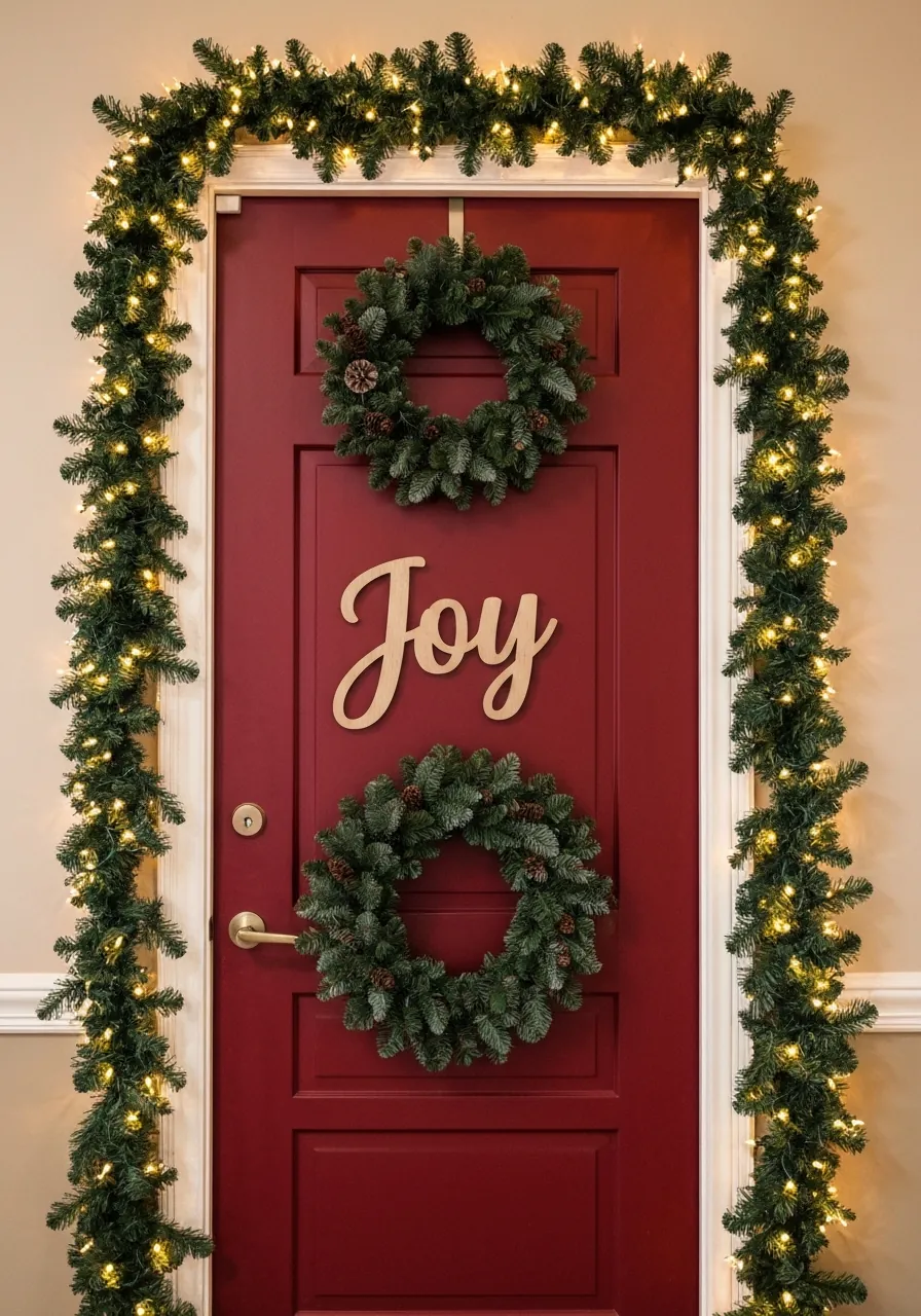 office christmas decoration ideas, pre-lit garland framing office door with layered wreaths
