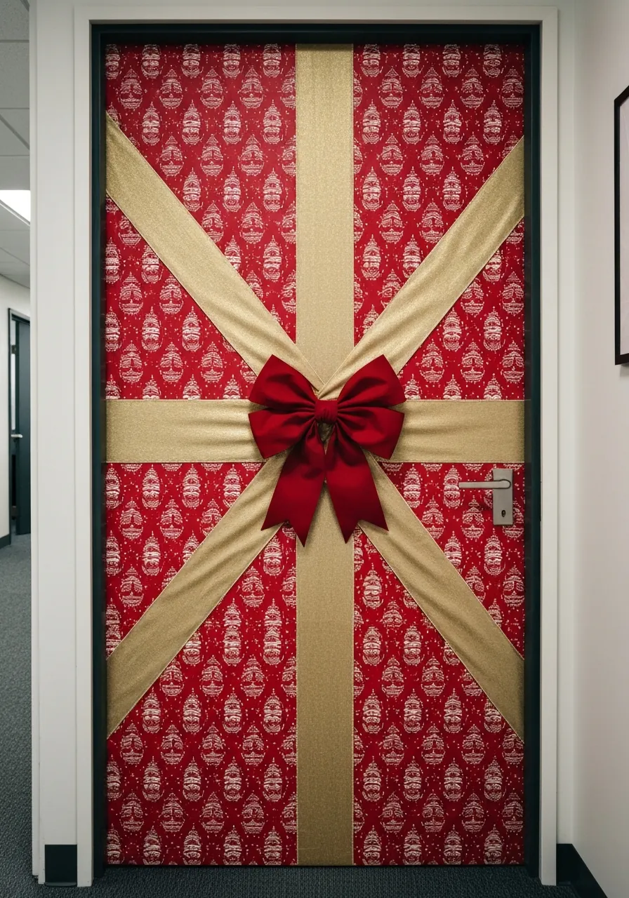 office christmas decoration ideas, office door decorated as giant wrapped present with red ribbon