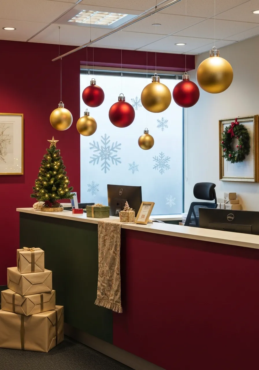 office christmas decoration ideas, decorated reception desk with oversized ornaments and window display