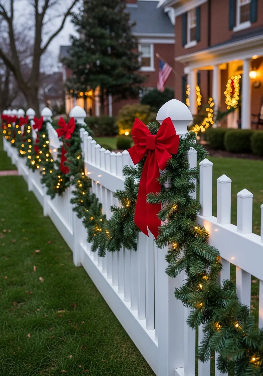 outdoor christmas decor ideas, picket fence decorated with pine garland and red ribbon bows
