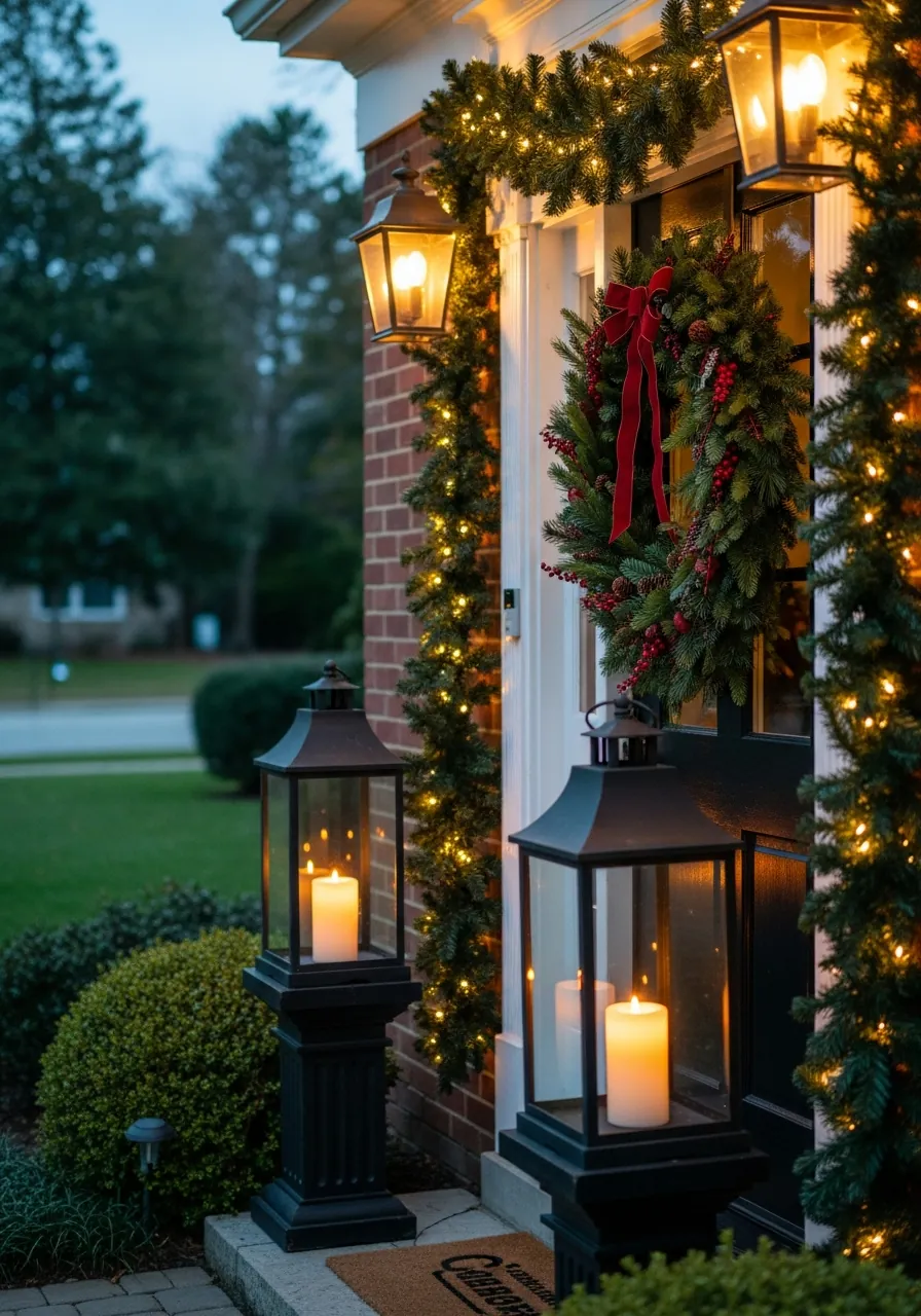 outdoor christmas decor ideas, front door with large wreath and matching lanterns on each side