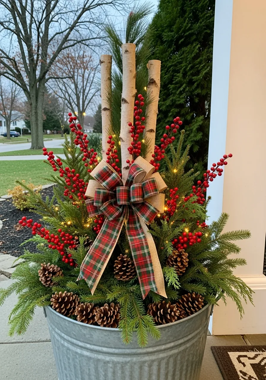outdoor christmas decor ideas, galvanized metal tub filled with cut evergreen arrangement beside front door