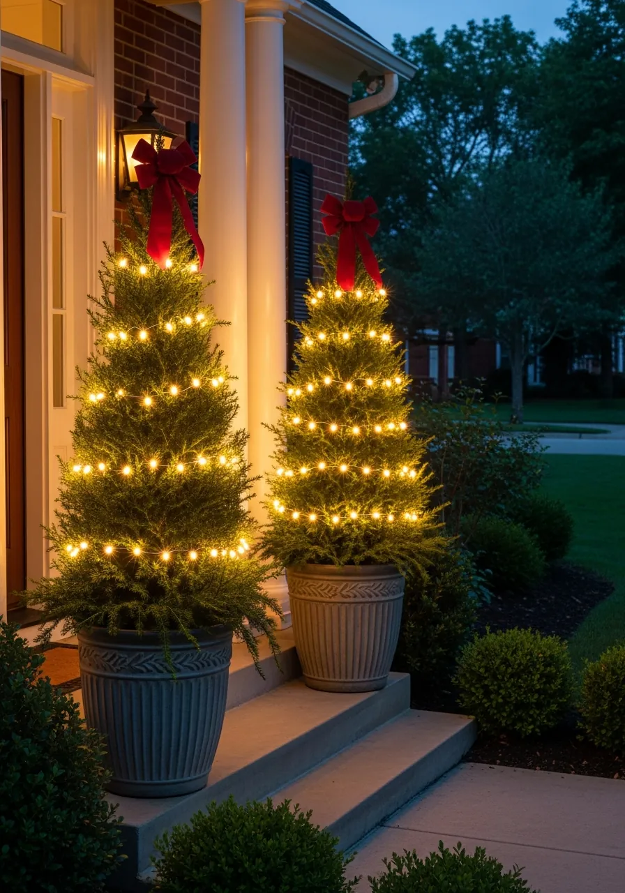 outdoor christmas decor ideas, pair of potted evergreen trees flanking front door with string lights