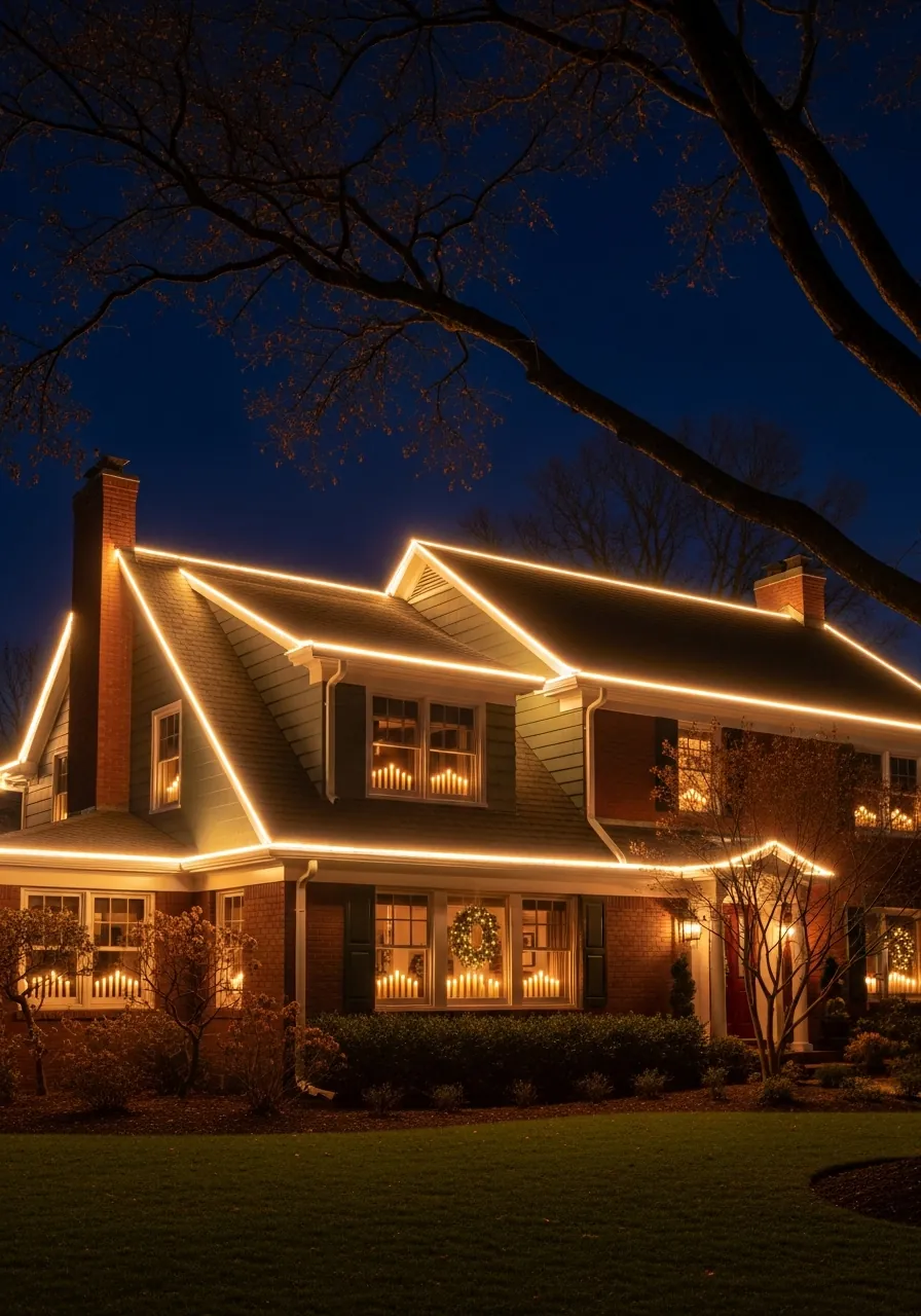 outdoor christmas decor ideas, house roofline outlined with warm white C9 LED lights at night
