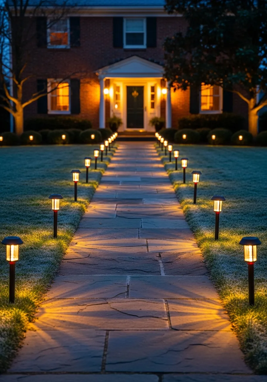 outdoor christmas decor ideas, solar pathway lights lining front walkway at dusk