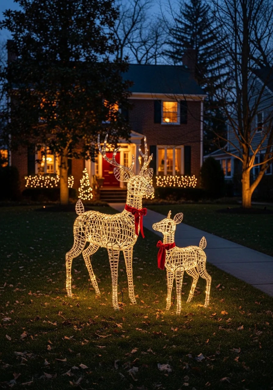outdoor christmas decor ideas, lighted wire frame deer on front lawn at night