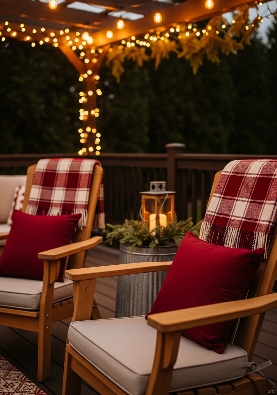 patio christmas decor ideas, outdoor patio chairs with christmas throw pillows and plaid waxed blanket