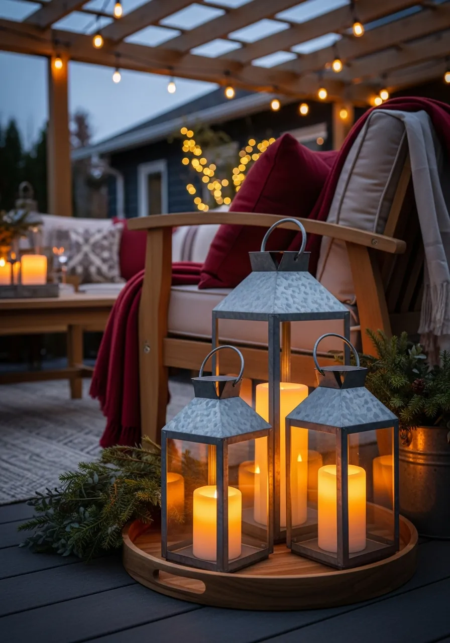 patio christmas decor ideas, cluster of three galvanized lanterns in varying heights at patio floor