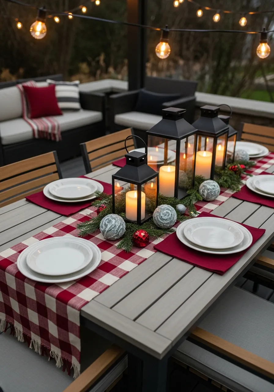 patio christmas decor ideas, outdoor patio table set for Christmas with plaid runner lantern centerpiece
