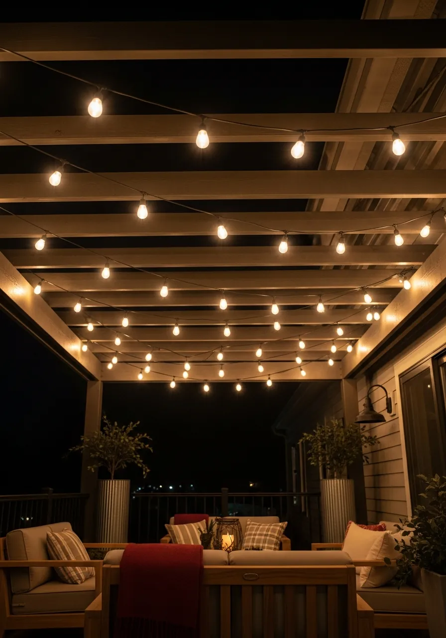 patio christmas decor ideas, warm white globe string lights overhead creating outdoor ceiling at night