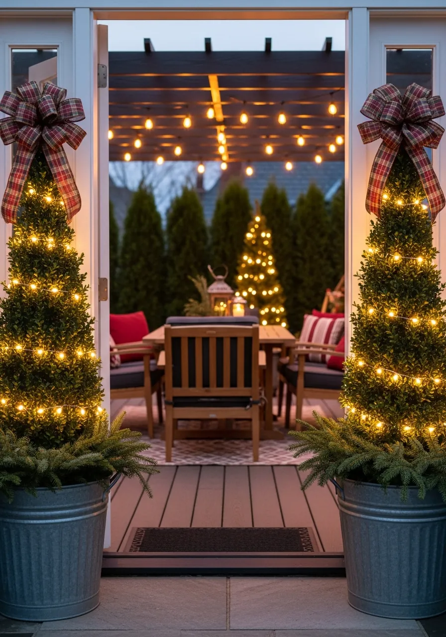 patio christmas decor ideas, two potted evergreen trees with lights flanking patio entrance