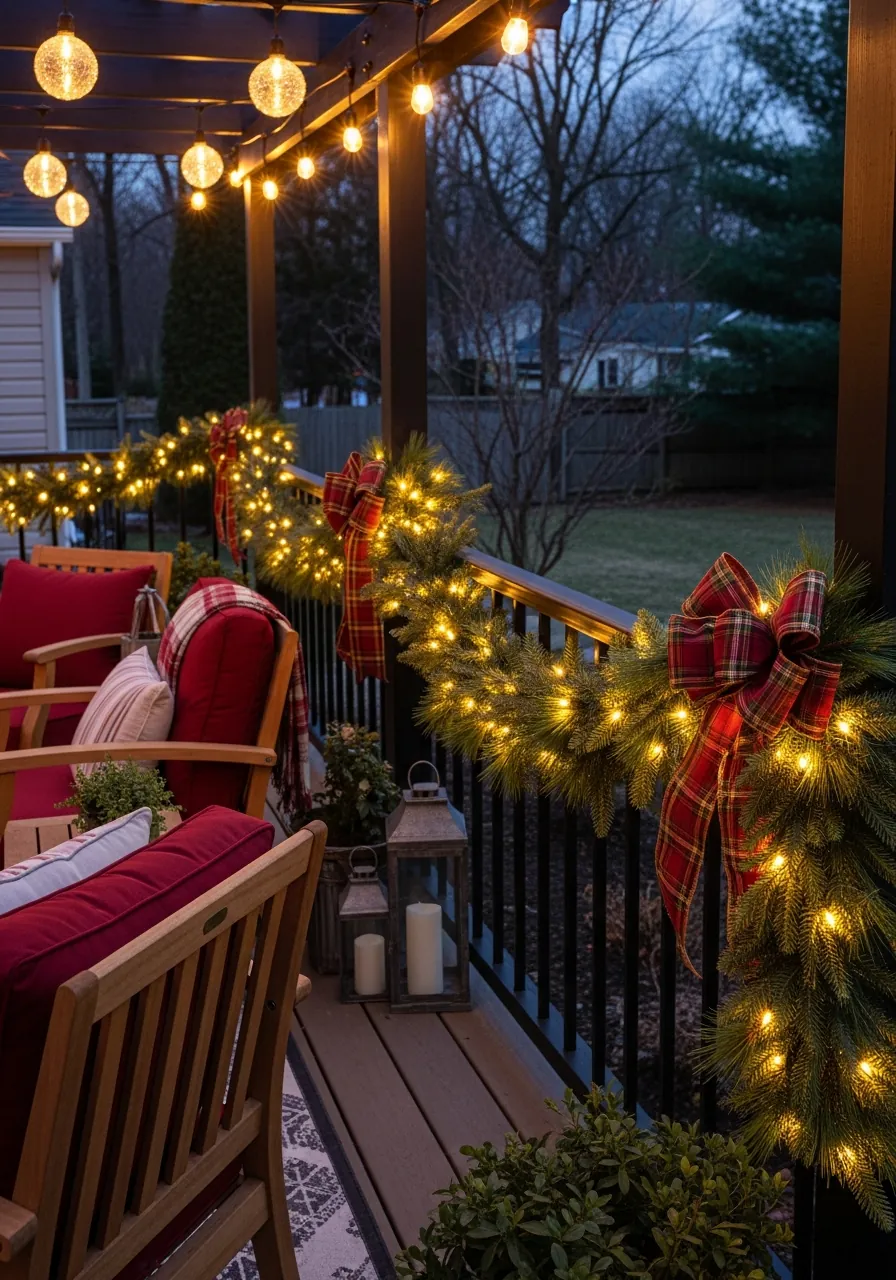 patio christmas decor ideas, pre-lit garland along patio railing with string lights above