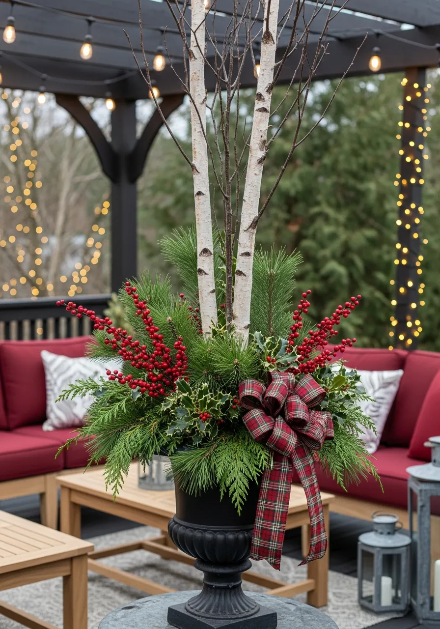 patio christmas decor ideas, large garden urn filled with fresh evergreen birch and berry arrangement